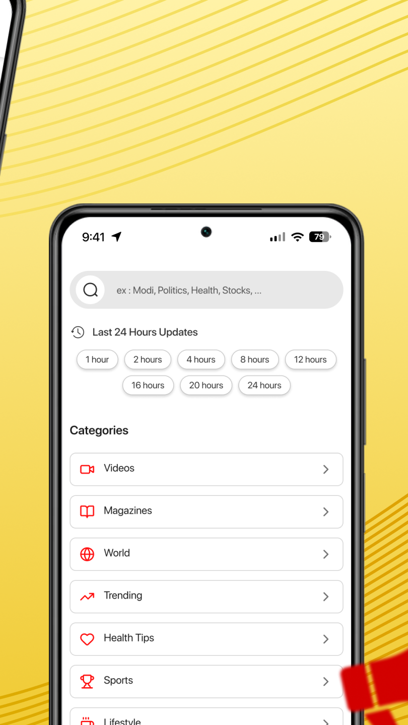 RapidNews search screen with 24-hour timeline filter buttons and trending categories